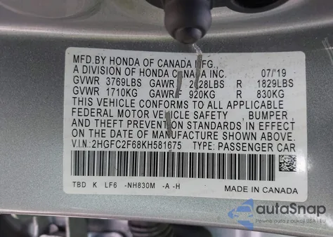 2019 Honda Civic Lx из США, поврежденный, VIN 2HGFC2F68KH581675